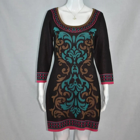 Flying Tomato sz M Boho  Scroll Print Gray Teal Sweater Dress Size Medium - Picture 1 of 9